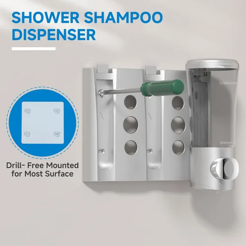 Vista 4 de Dispensador de Champú y Acondicionador, Dispensador de Ducha de 3 Cámaras sin Taladro, Dispensador de Champú para Ducha Montado en la Pared