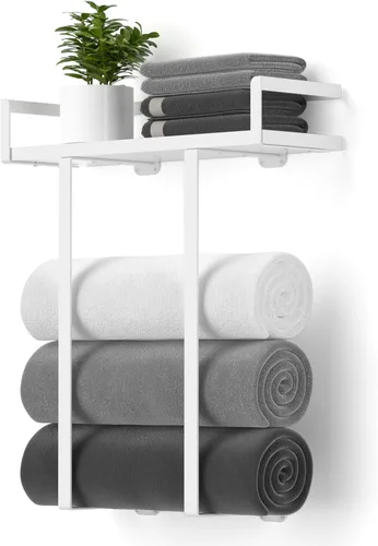 Vista 13 de Xstydes Toalleros para baño, toallero de metal con cesta de almacenamiento, toallero de pared para toallas enrolladas, almacenamiento de toallas