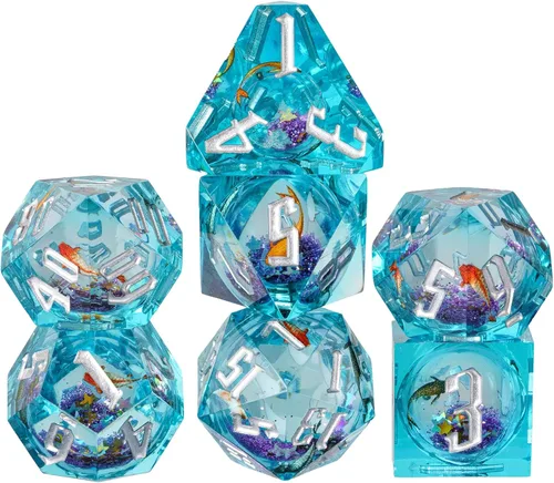 Vista 7 de Cusdie Juego de dados DND de 7 troqueles con bordes afilados, juego de dados poliédricos D&D con calcomanías Goldfish para juegos de rol DND TTRPG