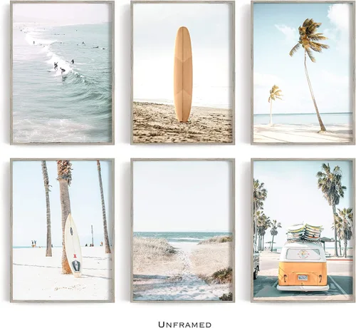 Vista 2 de Juego de 6 impresiones de arte costero para pared, impresión de verano California, impresión del océano, impresión de playa, camioneta, arte pastel