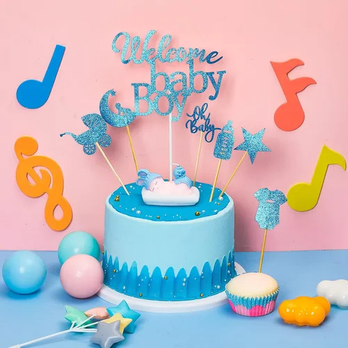 Vista 4 de Gersoniel 36 adornos para cupcakes con purpurina para baby shower en 6 estilos, 1 adorno de bienvenida para pastel de bebé, 1 vela para dormir