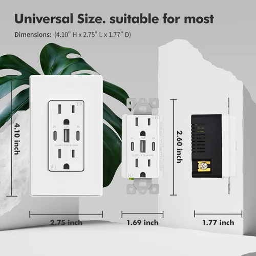 Vista 3 de Micmi Toma de pared USB C, 30 W, 6.0 amperios, 3 puertos USB C, 15 A, receptáculo resistente a manipulaciones con puertos dobles tipo C y A