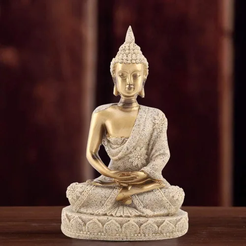 Vista 8 de Estatua de Buda, arenisca y resina, oro, mesa, hecho a mano, decoración de Buda