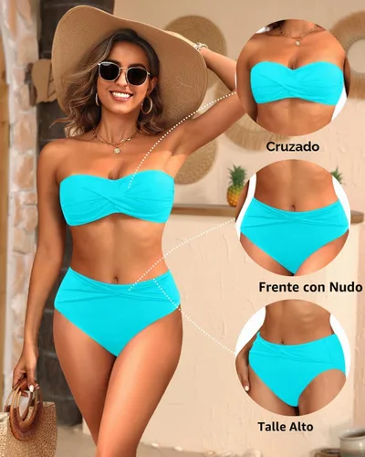 Vista 4 de Tempt Me Conjunto de bikini bandeau para mujer, traje de baño de dos piezas sin tirantes de corte alto de cintura alta Agua