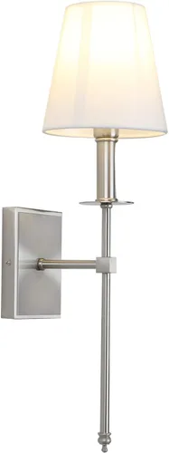 Vista 12 de PERMO Aplique de pared industrial rústico clásico individual con pantalla textil blanca acampanada y soporte de columna cónico cromado