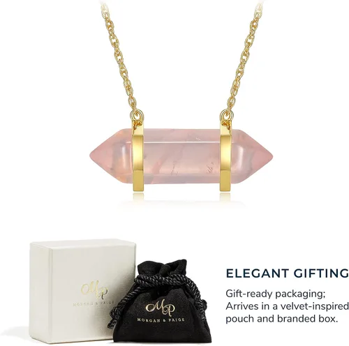 Vista 6 de MORGAN & PAIGE Quartz Crystal Necklace Chakra for Women Teens and Girls - 18K Yellow Gold Plated Sterling Silver Healing Dainty Pendant, Clear Stone