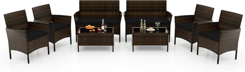 Vista 21 de RELAX4LIFE Juego de muebles de patio de 4 piezas – Juego de muebles de ratán para conversación al aire libre con cojines, mesa de centro de cristal
