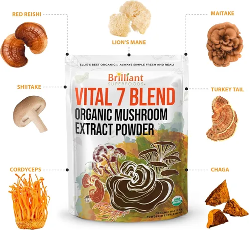 Vista 3 de Ellie's Best Suplemento orgánico de mezcla de extracto de polvo de 7 hongos, 114 porciones Cordyceps de doble extracción de alta potencia, Reishi