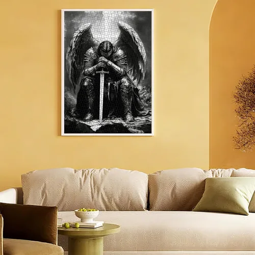 Vista 2 de Rompecabezas de 1000 piezas para adultos, vintage, caballero ángel caído en armadura, fantasía oscura en blanco y negro, juego medieval, desafiante