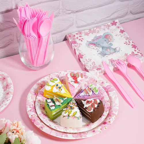 Vista 7 de Bokon Juego de 300 platos de elefante para baby shower, para 50 vajillas, incluye platos, servilletas, tenedores, cucharas, cuchillos, elefante