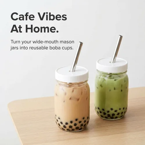 Vista 3 de (4 pajitas de té Boba, 4 tapas de tarro Mason y 2 limpiadores de pajitas) Wide reusable stainless steel boba straws with mason jar lids and