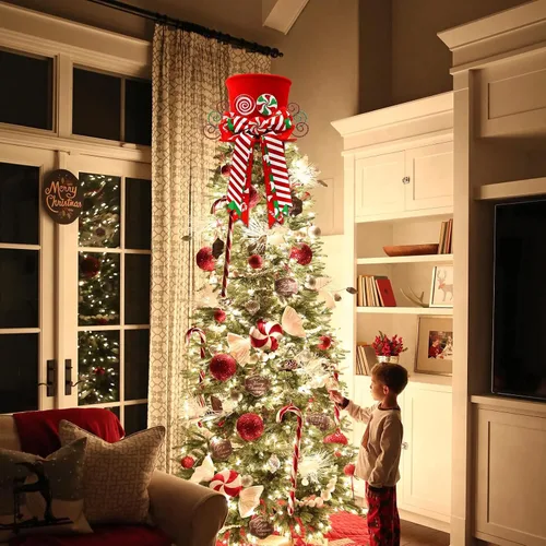 Vista 5 de Adorno para la Copa del Árbol de Bastones de Caramelo de Navidad Sombrero Rojo con Lazos de Menta Adorno Piruleta de Invierno Decoración del Hogar