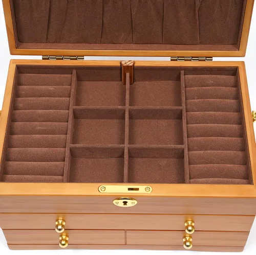 Vista 6 de Joyeros de madera, 3 capas de madera, caja de almacenamiento grande de madera sin espejo, caja de almacenamiento de joyería de escritorio