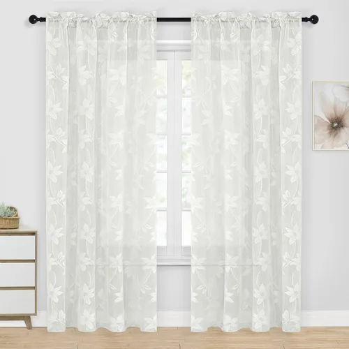 Vista 52 de DWCN Paquete de 2 cortinas traslúcidas pequeñas de encaje floral beige para cocina, cortinas traslúcidas ligeras con bolsillo para barra, cortinas