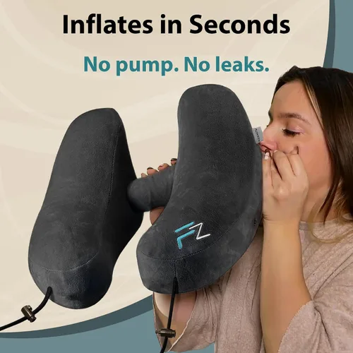 Vista 2 de FLOWZOOM Almohada inflable para el cuello para viajar en avión, almohada de avión con capucha en forma de H con 5 modos de repetición, inflado Negro