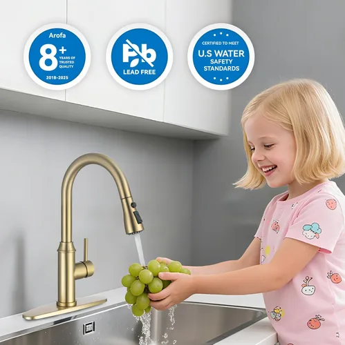 Vista 3 de Grifo de cocina dorado con rociador, grifo de fregadero de cocina de una sola manija con rociador extraíble, bronce champán, Arofa Pull down, 360°