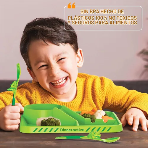 Vista 5 de Juego de vajilla Dinneractive para niños - 3 piezas de vajilla verde de dinosaurios - Utensilios de dinosaurios - Platos para niños pequeños