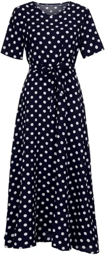 Vista 5 de Sunkessety - Vestido largo de verano con cuello redondo y manga corta con cinturón, elegante para fiesta