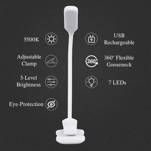 Vista 4 de Luz de lectura de libro con clip para cama, lámpara de libro con abrazadera con 5 LED para el cuidado de los ojos, 3 colores cambiables, funciona