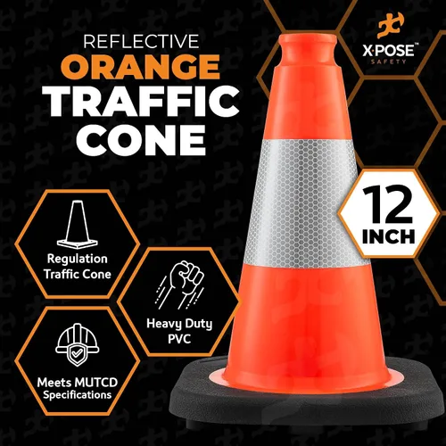 Vista 4 de Xpose Safety Conos de tráfico naranjas de 12 pulgadas con collar de 4 pulgadas, 1 paquete de conos de seguridad de plástico PVC multiusos