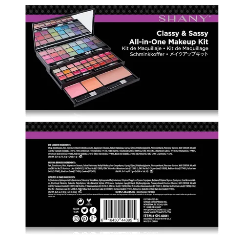 Vista 5 de Shany Classy & Sassy All-in-One Kit con Espejo, Aplicadores de Maquillaje, 24 sombras, 18 brillos labiales, 2 rubores y 1 base