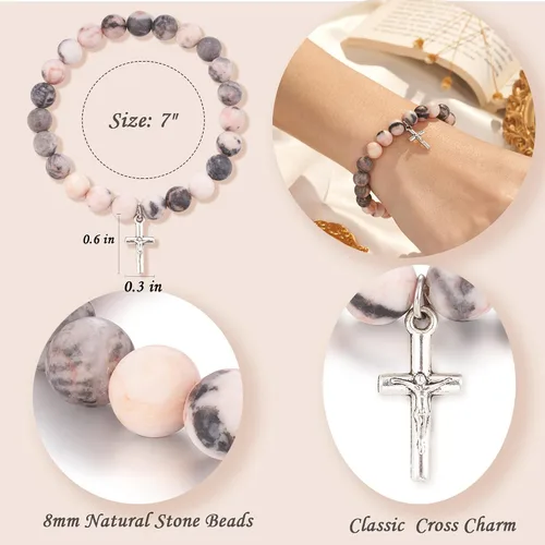 Vista 5 de Dabem Regalos cristianos, pulsera de cruz de piedra natural, regalos religiosos inspiradores de Pascua para mujeres, hombres, adolescentes y niñas