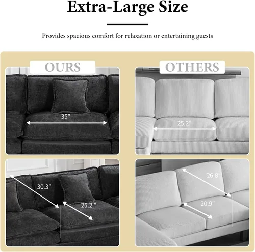 Vista 13 de Sofá seccional modular verde de 111.5", sofás seccionales grandes de 3 plazas para sala de estar, sofá nube oversized de tela chenille con otomana