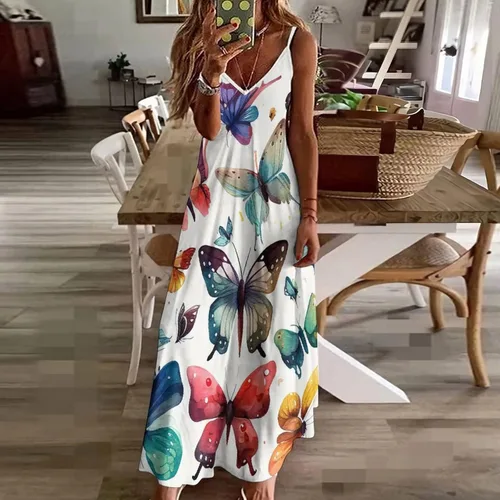 Vista 3 de Vestido largo de playa con estampado de mariposas coloridas para mujer, estampado floral, bohemio, vestido de playa