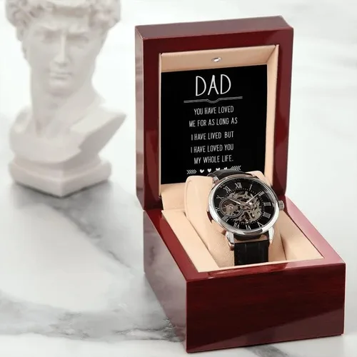 Vista 2 de Reloj calado para hombre con tarjeta de mensaje especial, reloj personalizado para papá, mi vida entera, reloj de esqueleto para hombre, reloj
