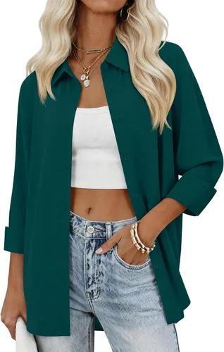 Vista 17 de siliteelon Camisas con botones para mujer, camisas de vestir sólidas, de manga larga, cuello fluido, para trabajo, oficina, negocios, blusas de gasa