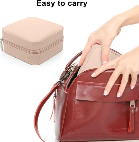 Vista 6 de Joyero pequeño, estuche portátil de viaje para anillos, colgantes, aretes, collares, organizador de pulseras, cajas de almacenamiento (rosa*4).