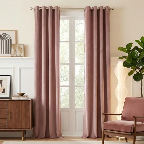 Vista 64 de NICETOWN Cortinas de terciopelo beige 100% opacas de 84 pulgadas de largo, 52 pulgadas de ancho, 2 paneles para dormitorio y sala de estar, cortinas