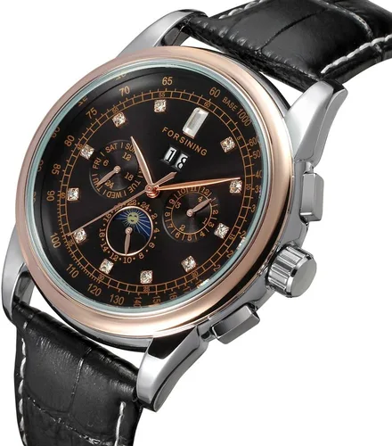 Vista 2 de FORSINING Reloj automático automático de fase lunar para hombre con correa de cuero negro analógico, Negro -, Moderno