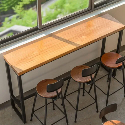 Vista 7 de Mesa de bar de madera, mesa de comedor industrial de madera de pino con base de caballete en negro