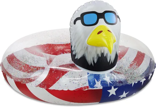 Vista 6 de POZA Flotador inflable de piscina de Estados Unidos – Lujosa tumbona divertida llena de confeti de estrellas plateadas brillantes, diseño de bandera