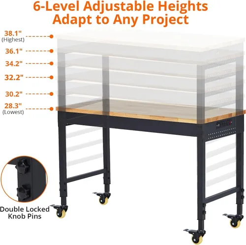 Vista 4 de TrailBlaze Banco de trabajo de 48 x 24 pulgadas para garaje, estación de trabajo resistente con 4 ruedas con bloqueo, mesa de taller de madera