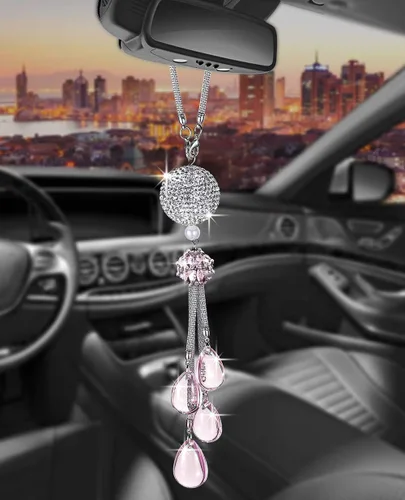 Vista 15 de Glamorosa decoración colgante de espejo de coche con cabeza de zorro azul oscuro, adorno de automóvil con temática animal para mujeres y hombres