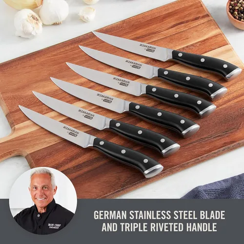 Vista 5 de DASH Zakarian - Juego de 6 cuchillos para carne, de borde recto sin dentar, acero inoxidable alemán de alto carbono, forjado de espiga completa
