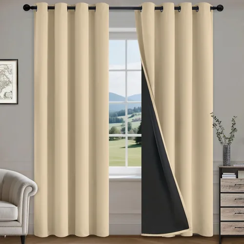 Vista 41 de COSVIYA Cortinas opacas 100% beige Biscotti para dormitorio, juego de 2 paneles de 63 pulgadas de largo, bloqueo de luz completa, aislamiento