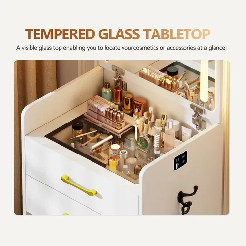 Vista 4 de Escritorio de tocador 3 en 1 con espejo abatible y luces, mesa de tocador de maquillaje con parte superior de vidrio con estación de carga, tocador