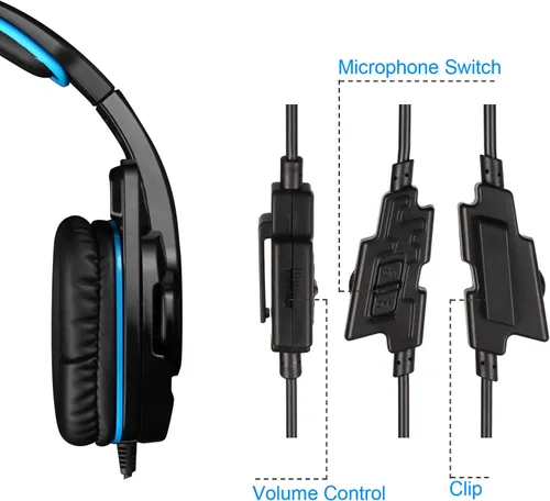 Vista 5 de LIMUSIC Azul G4000 Profesional Audífonos con salida 3,5 mm para PC estéreo para Juegos con cancelación de sonido, Control de Volumen, micrófono