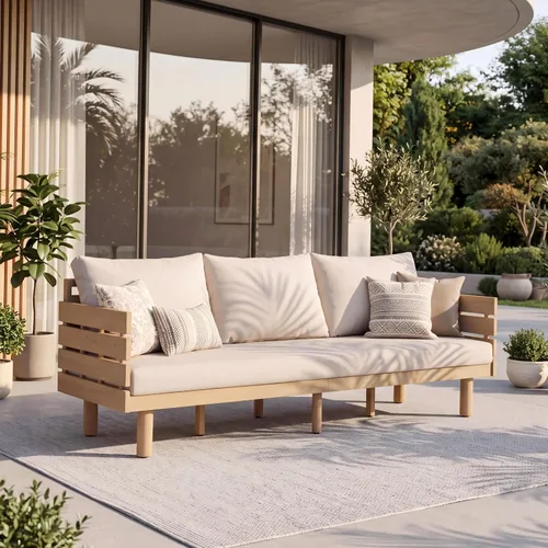 Vista 4 de Christopher Knight Home Levi - Sofá de 3 plazas de madera de acacia para exteriores con cojines, moderno sofá de patio de madera maciza de mediados