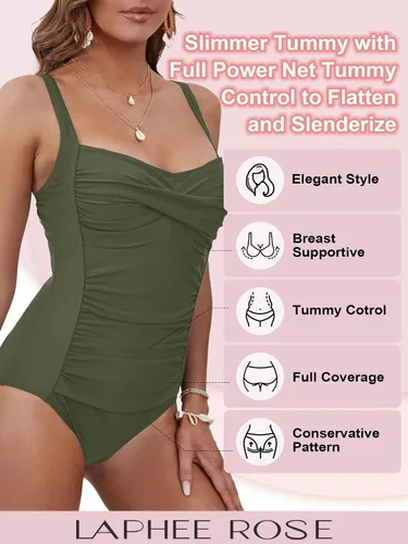Vista 4 de Traje de baño de una pieza con control de abdomen para mujer, traje de baño retro fruncido
