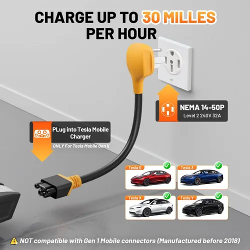Vista 2 de Adaptador NEMA 14-50 y NEMA 5-15 para cargador móvil Tesla Gen 2, generador doméstico 5-15P y generador RV 14-50P, adaptador inteligente Gen II