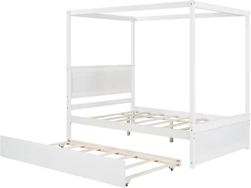 Vista 6 de Harper & Bright Designs Cama con dosel de tamaño matrimonial con cama nido, plataforma de madera con dosel con listones de soporte, cama de piso