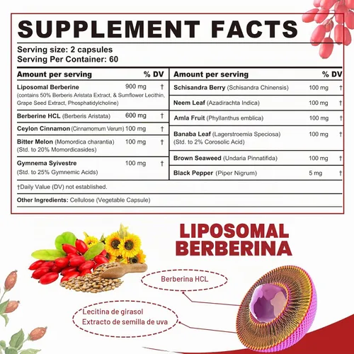 Vista 2 de Berberina Suplemento Orgánico 1500mg con Canela de Ceilán 120 Cápsulas