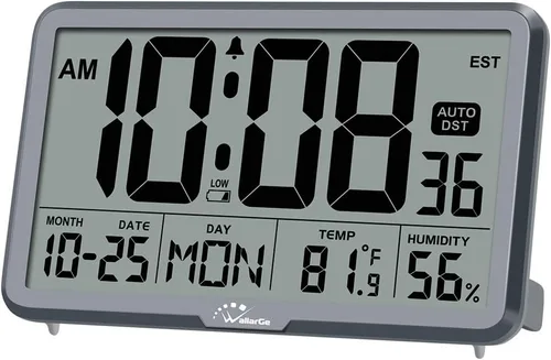 Vista 9 de WallarGe Reloj de pared digital de ajuste automático, funciona con pilas, relojes de escritorio con temperatura, humedad y fecha, reloj despertador