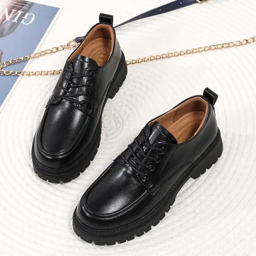 Vista 4 de Zapatos Oxford para mujer, zapatos de charol para mujer, plataforma Oxford, brillante, con cordones, punta redonda gruesa, antideslizante