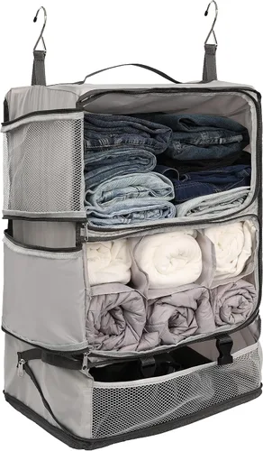 Vista 14 de ELEZAY Cubos de embalaje colgantes portátiles para armario, organizador de ropa de compresión plegable de 3 estantes para equipaje de mano, maleta