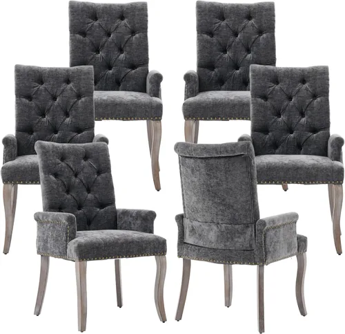 Vista 17 de Sillas de Comedor Tapizadas Acolchadas de Chenilla con Brazos y Ribete de Tachuelas – Marco y Patas de Madera Maciza, Estilo Granja Moderna